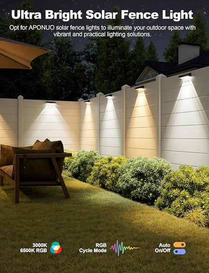 APONUO Solar Fence Lights Outdoor Waterproof, Fence Lights Solar Powered, 12 RGB Color Modes & Warm White & Cool White, Fence Solar Light Outdoor for Backyard, Patio, Wall, Deck, Yard（8 Pack, Black）