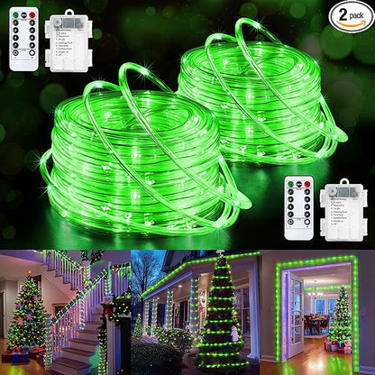 Jnaurb 2-Pack Battery Operated Rope Lights for Outside, Total 66FT 200LED 8 Modes Battery Operated String Lights, Waterproof Christmas Fairy Light with Remote for Outdoor Indoor Xmas Party Decor-Green