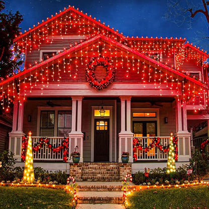66ft Icicle Lights for Outside, Red Christmas Lights Outdoor Waterproof for House, 640 LED Twinkle Tree Lights with 120 Drops Clear Wire Short Curtain Light for Room Home Wall Indoor Decorations