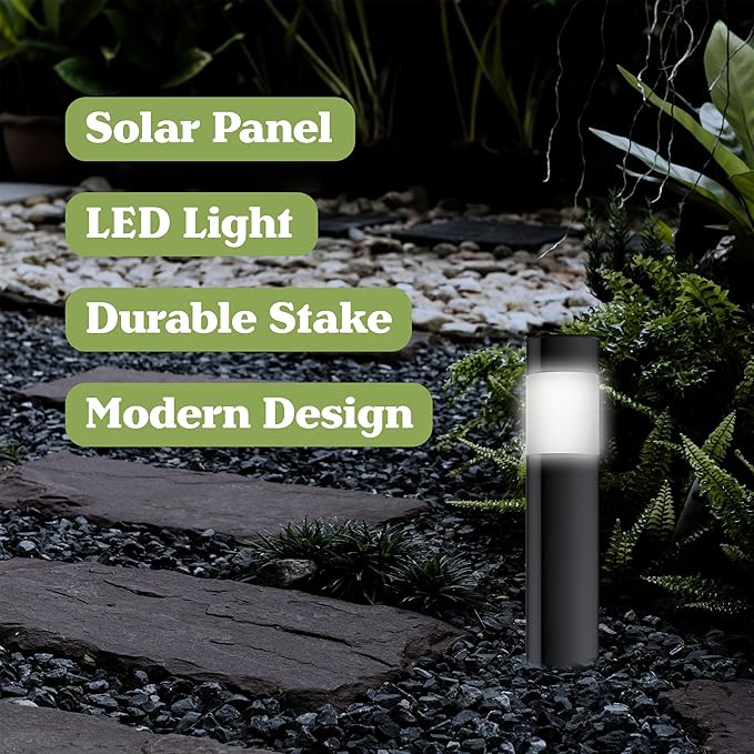 Pure Garden Solar Lights Outdoor Waterproof 6-Pack - 15â€ Stainless Steel Bollard Solar Pathway Lights - Stake Outdoor LED Lighting for Yard, Drive, Path or Landscape Lighting (Black)