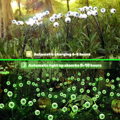Solar Halloween Lights Decorations Outdoor: 2 Pack 16LED Scary Eyeball Light Swaying for Yard Decor - Green Firefly Ghost Lighting Garden Lawn Pathway Party Outside Decorative