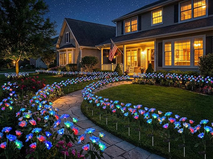 Solar Garden Rose Lights by FANCYPOP, 2 Pack Most Realistic 12 LED Flower Stake Lights, IP65 Waterproof 7 Color Changing Solar Decor for Walkway/Graveyard, Heartwarming Gifts for Grandma & Mom, Blue