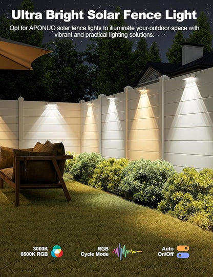 APONUO Solar Fence Lights Outdoor Waterproof, Fence Lights Solar Powered, 12 RGB Color Modes & Warm White & Cool White, Fence Solar Light Outdoor for Backyard, Patio, Wall, Deck, Yard（8 Pack, White）