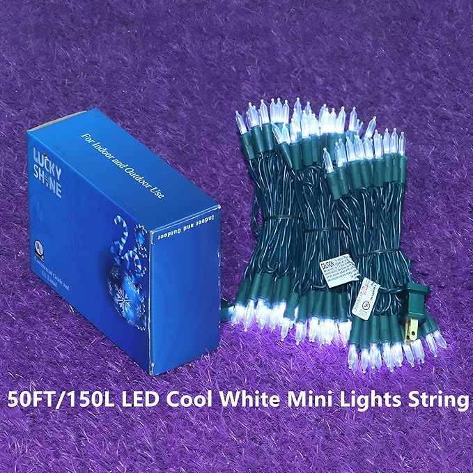 LUCKY SHINE 150 LED White Christmas Lights, Commercial Grade Green Wire String Lights 50ft, for Indoor Outdoor Party, Garden, Patio.