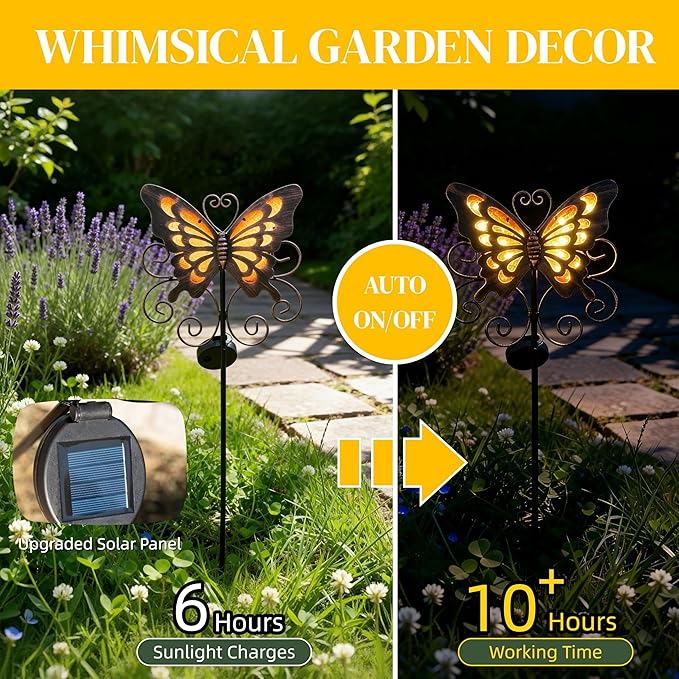 Solar Butterfly Garden Stake – 36 Inch Waterproof Iron & Glass Yard Art, Large Yellow Mariposas Grandes para Decoracion with LED Glow, Decorative Outdoor Power Stake for Lawn & Pathway