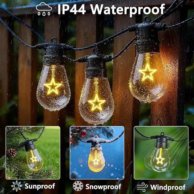LED Outdoor String Lights, 50FT Patio Lights with 16Pcs Shatterproof S14 Bulb(1 Spare),4 Lighting Mode, Connectable, Waterproof Warm White Edison Plastic Bulb Hanging Light for Gazebo Porch Décor