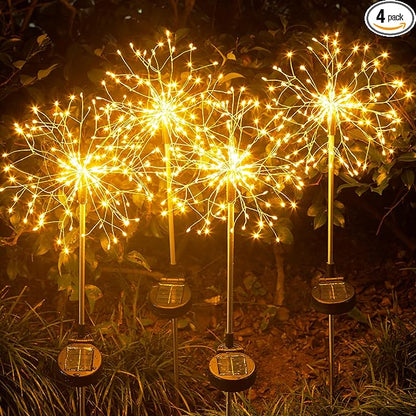 Solar Garden Lights Outdoor Yard Decorations, 4 Pack 150Leds Pathway Light, Fairy Firework Stake Lights for Garden, Patio, Pathway, Flowerbed Gold Color