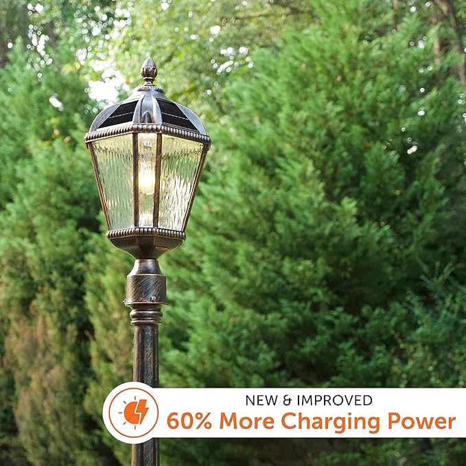 Gama Sonic Outdoor Solar Post Light, Brushed Bronze Finish Aluminum, Royal Bulb, Clear Rain Glass, 3-inch Fitter | Lumora