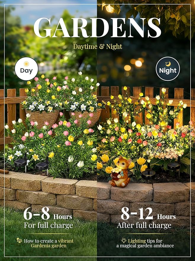 GIGALUMI Solar Garden Lights with Gardenias, LED Garden Decor Carefree Solar Flowers Outdoor Waterproof, Yard Decorations Outdoor, Allergy-Free, Everlasting Light up Flowers for Yard Patio (Set of 3)