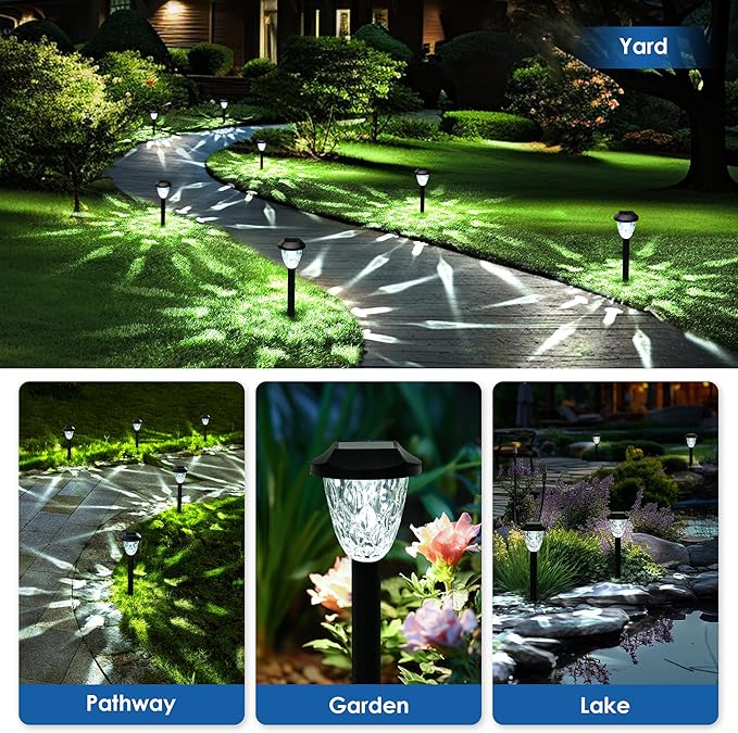 GIGALUMI Solar Pathway Lights, Outdoor Waterproof, Auto On/Off, LED, White, 14 Count, Modern, Classic Style, Crystal, Highly Efficient, Patio, Yard, Landscape, Walkway