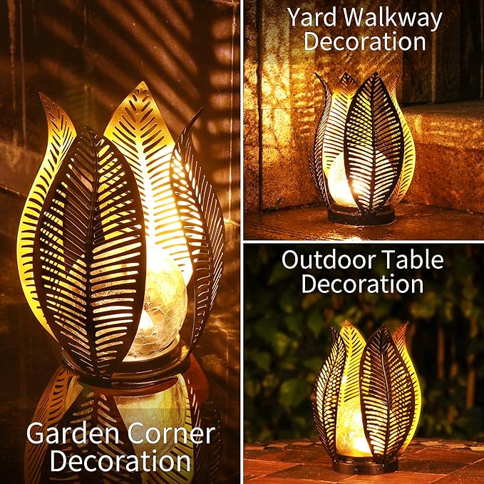 Solar Garden Lights Waterproof Decorations,Crackle Globe Glass,Metal Palm Leaf Solar Lights for Outdoor Decor On | Lumora