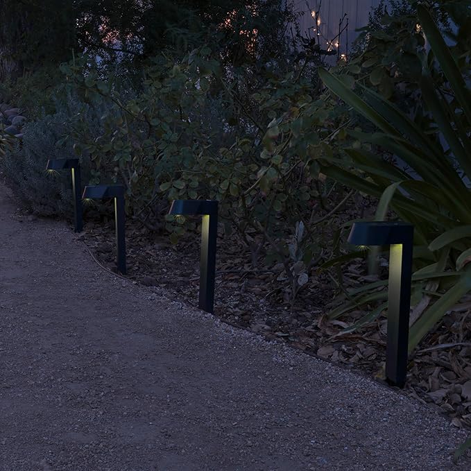 Alpine Corporation 18" H Outdoor Solar Modern Pathway Lights, Waterproof Cool White LEDs, Matte Black - Set of 4
