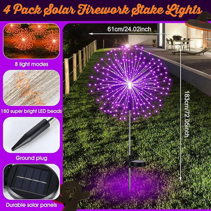 4 Pcs Halloween Solar Lights Solar Firework Lights 180 LED 8 Modes Outdoor Waterproof LED Stake Sparkler Christmas Decoration for Driveway Pathway Garden Patio Walkway Yard Lawn(Orange, Purple)
