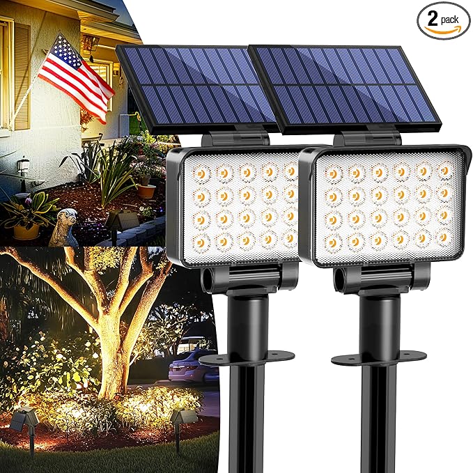 Solar Spot Lights Outdoor Waterproof for Flag, Tree, House, Garden, Yard, 3 Brightness Modes Solar Powered Landscape Spotlights 2 Pack Warm White