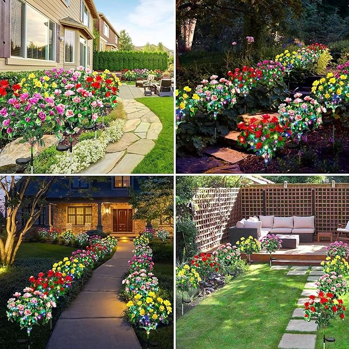 Solar Garden Lights,Outdoor Azalea Flowers Lights with 56 Colorful LED Powered Pathway Lights for Yard,Lawn,Patio,Garden Decor (Pink)