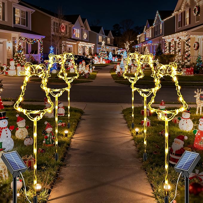 6 Packs Christmas Bell Solar Garden Lights with 8 Light Modes, 21.65 Inches Tall Christmas Outdoor Light with 20 LEDs Each, Solar Outdoor Xmas Decor for Garden, Path, Patio (Warm White)