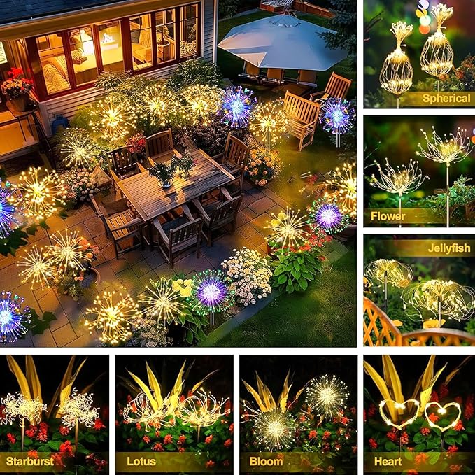 Redefun Solar Fireworks Lights for Outside 2 Pack 120 LEDs Solar Garden Decor, 8 Modes Tall Sparkler Light Outdoor Waterproof Starlit Starburst Lights for Yard Flower Bed Lawn Pathway Decorations
