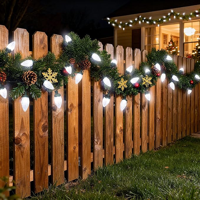 C9 LED Christmas Lights Outdoor,33 Feet 50 LED 8 Lighting Modes Waterproof Connectable Christmas String Lights for Outside Roofline Patio Home Xmas Decorations (Cool White)
