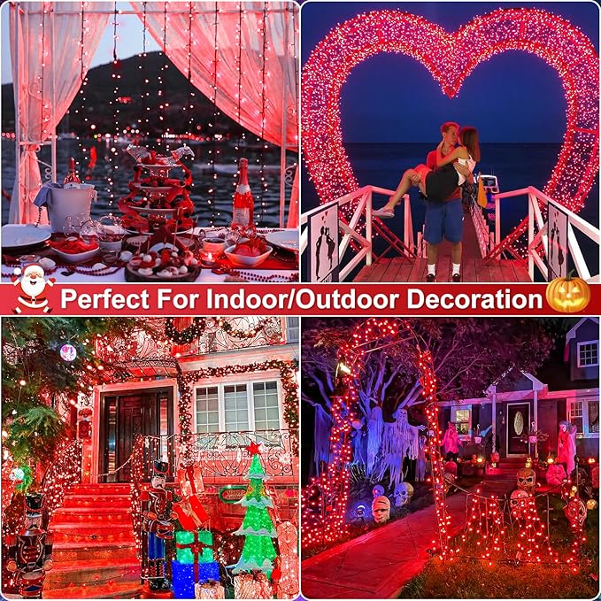 Red Christmas Lights Outdoor, 100FT 300 LED Christmas Tree Lights with 8 Modes Waterproof, Plug in Connectable String Twinkle Lights Green Wire for Indoor Patio Garden Xmas Holiday Decorations