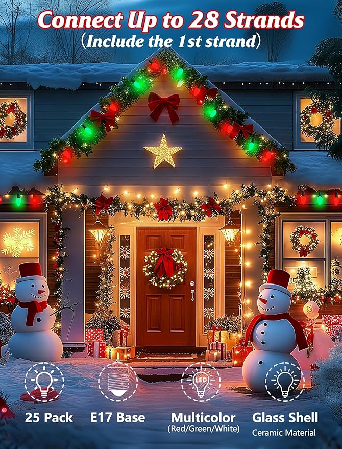 C9 LED Christmas String Lights Outdoor, 25Ft Red and Green Vintage Christmas Lights with 26 C9 Red/Green Bulbs | Lumora