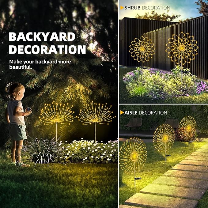 2 PCS Solar Firework Light, Outdoor Solar Garden Decorative Lights 120 LED Powered 40 Copper Wires String DIY | Lumora