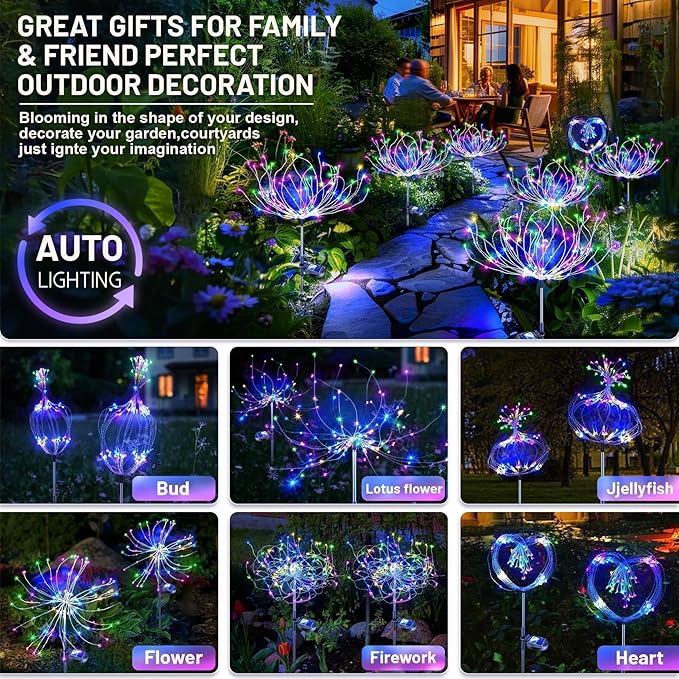 Anordsem Solar Garden Lights Outdoor: Waterproof 120 LED Fireworks Multicolor Starburst - Christmas Decoration Dandelion Lighting Yard Patio Pathway - Holiday Party Gifts for Homeowners