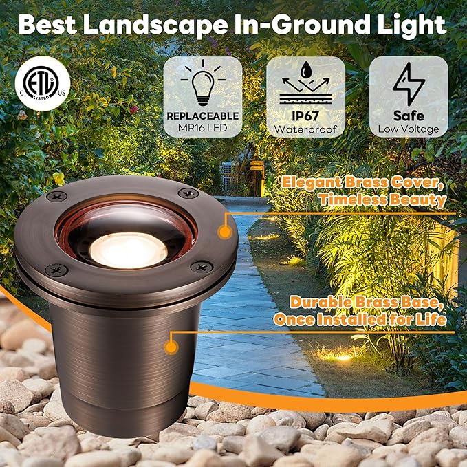Gardenreet Landscape Well Lights Brass - IP67 Low Voltage In-Ground Light, 12V LED Electric Outdoor Lighting | Lumora