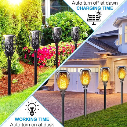 Large Size Solar Torch Light with Flickering Flame, Fire Effect Garden Lights Outdoor, IP65 Waterproof Tiki Torches for Pathway Yard Decor, Auto On/Off - Landscape Lighting (8 Pack)