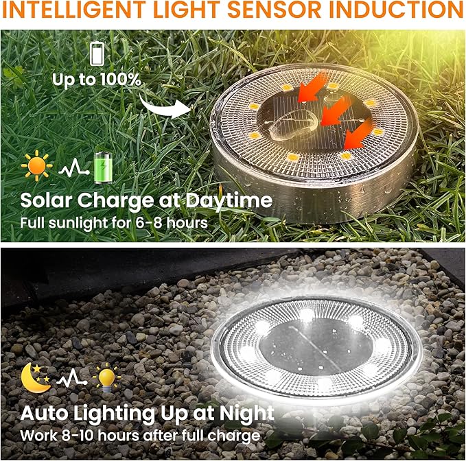 Siatom Stainless Steel Solar Ground Lights 8 Pack, IP68 Waterproof Solar In-Ground Light for Outdoor, Flat | Lumora