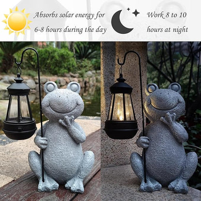 Frog Solar Garden Statues,Resin Frog Figurine Decorations with Solar Lights Lantern, Outdoor Garden Decor Art for Lawn,Yard, Unique Housewarming Gift for Women Mom Grandma