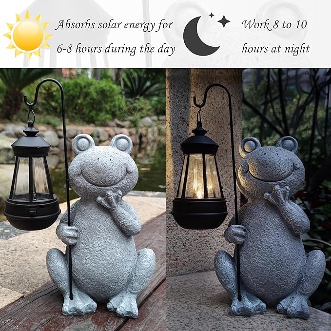 Frog Solar Garden Statues,Resin Frog Figurine Decorations with Solar Lights Lantern, Outdoor Figurines Lawn Garden | Lumora