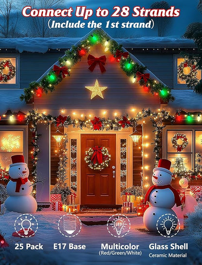 25Ft C9 LED Christmas Multicolor String Lights, Vintage Christmas Lights with 27 C9 Red/Green/White LED Bulbs, Outdoor Hanging Patio Light for Xmas Tree Path Roofline Wedding Party Decoration