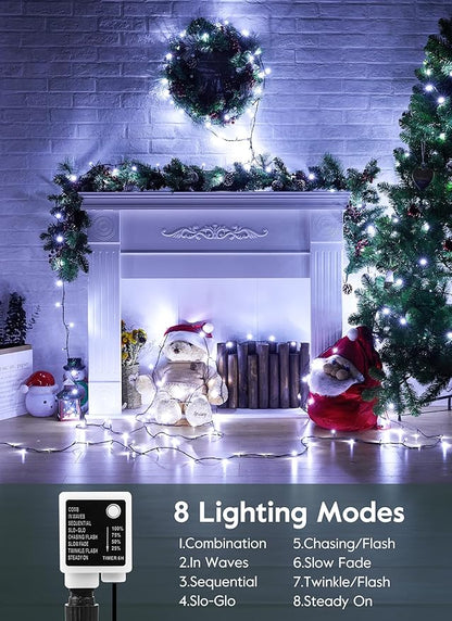 Christmas Tree Lights Outdoor, 205Ft 600 LED Twinkle Fairy Lights String Lights with 8 Light Modes for Christmas LED Garland Wreath Wedding Indoor Holiday Decorations with Dark Green Wire, Cool White