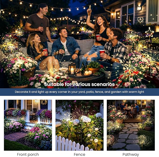 Solar Lights Outdoor, 120LED 8 Pack Fairy Garden Lights Decor for Outside Fireworks Lights Solar Powered for Yard | Lumora