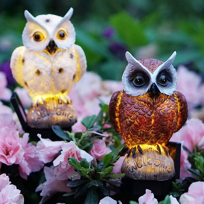 2 Pack Garden Solar Light Outdoor Decor, Resin Owl Solar LED Light with Stake, Animal Waterproof Light for Flower Fence Lawn Passage Walkway Courtyard Party Decoration, Owl (White+Brown)