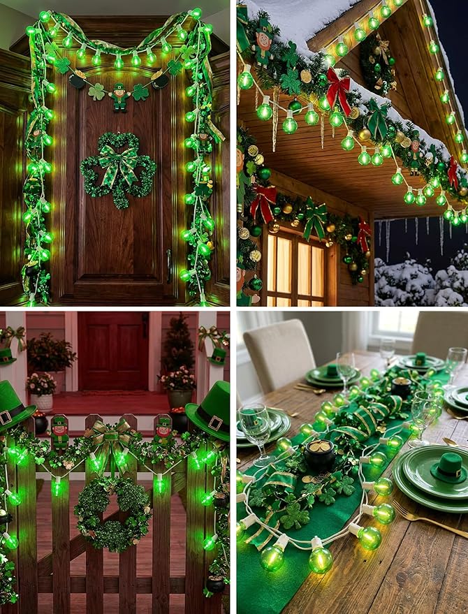 25FT G40 LED Outdoor Globe String Lights, Outdoor St. Patrick's Day Decorations Lights with 27 Shatterproof Clear Green Bulbs, Hanging Patio Lights Waterproof for Irish-themed Party Backyard Garden