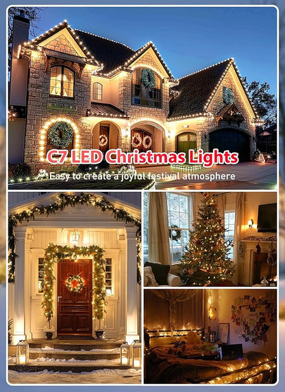 Brightown C7 LED Warm White Christmas Lights Outdoor, 100FT String with 100 Plastic Bulbs, Traditional Hanging Holiday Lights for Christmas Tree, Patio, Fence, Roofline Xmas Decorations