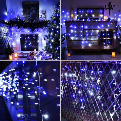 Joomer Christmas Icicle Lights - 19FT Outdoor String Lights Waterproof, 8 Modes Timer Connectable Plug-in String Light for Christmas Party, Eaves, Roofs, Xmas Decorations (White+Blue)