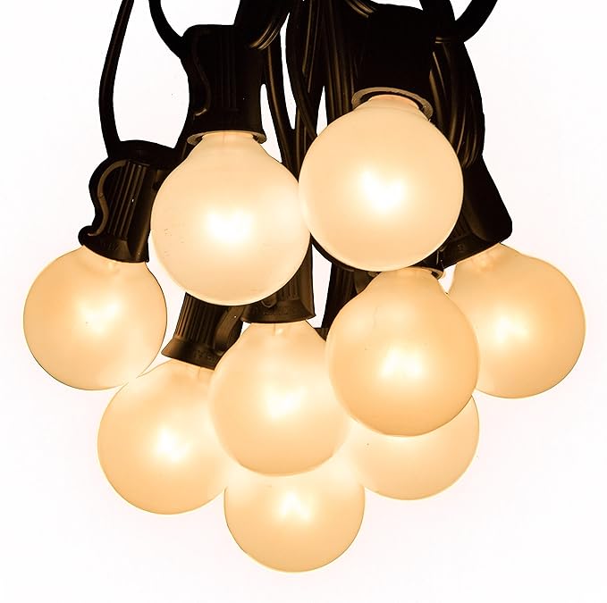 Hometown Evolution, Inc. White Pearl Outdoor Patio Globe String Lights (100 Foot G40 White Pearl 1.6 Inch Bulbs +5 Free Spares - Black Wire)