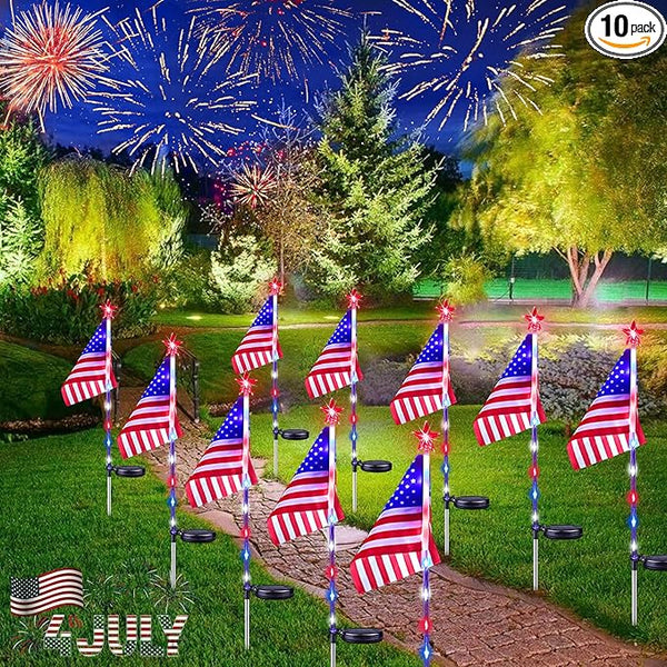 10 Pack American Flag Solar Lights Outdoor, 4th of July Decorations with 2 Modes, Waterproof Solar Flag Patriotic | Lumora