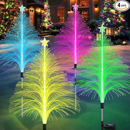 Solar Christmas Decorations, 4 Pack 38.5 Inch 7 Color Changing Jellyfish Lights with 5 Layer Optical Fiber Solar Flower Lights for Outdoor Xmas Yard Garden Pathway Decor
