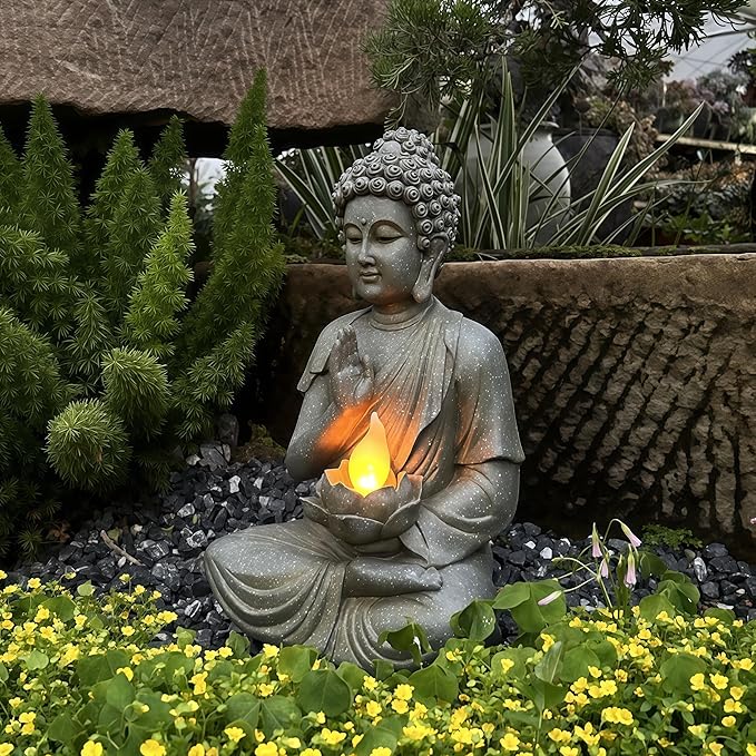 FENGSHUI-CAISHEN Solar Buddha Statue Outdoor, Waterproof Outdoor Solar Light for Garden, Solar Garden Decor, Zen Accessories, Patio Buddha Decor (A)