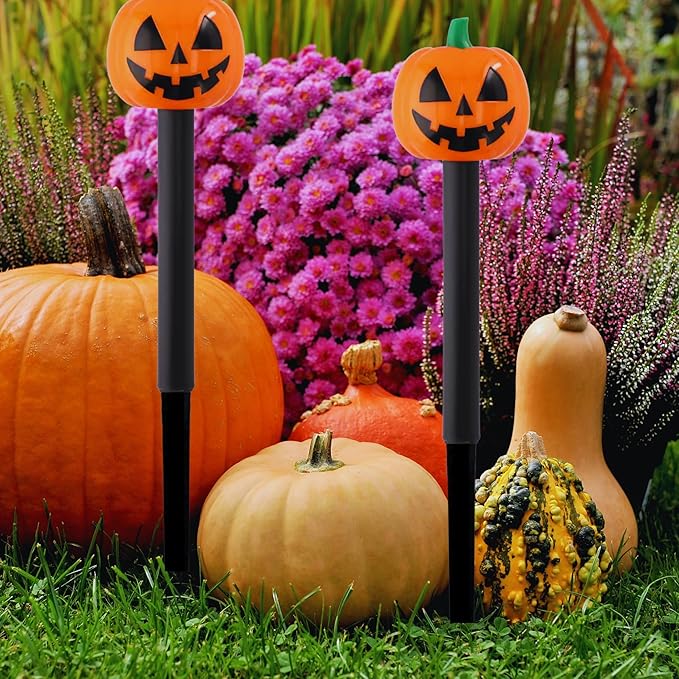 (12) Halloween Solar LED Pumpkin Stake Lights, 13in Easy Install Plastic Solar-Powered Yard Stakes Spooky | Lumora