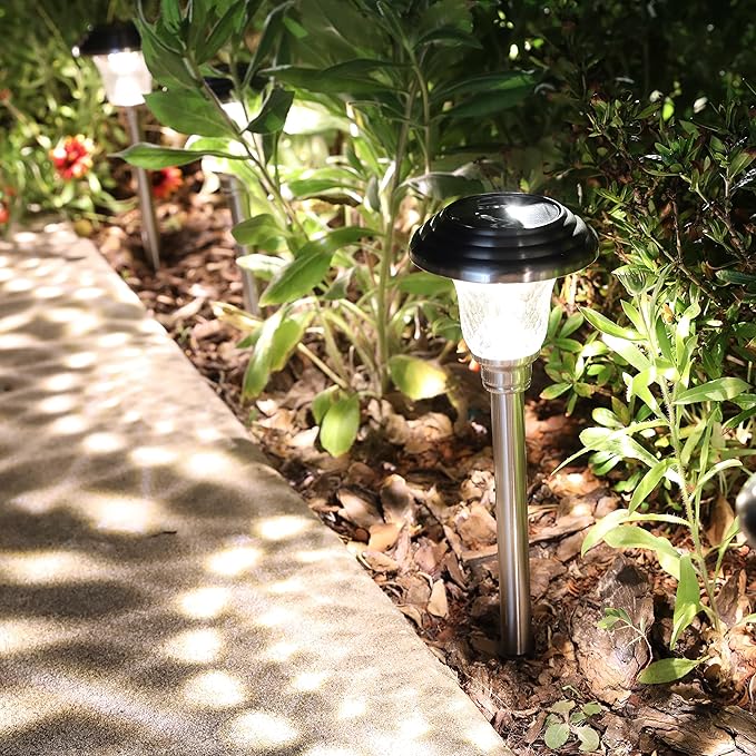 Morvat LED Solar Powered Outdoor Landscape Path Lights with Stainless Steel & Glass Lens, Up to 8 Hours Lighting for Garden Lawn Yard Walkway & Pathway, Waterproof, Dusk to Dawn, Warm Light, 8 Pack