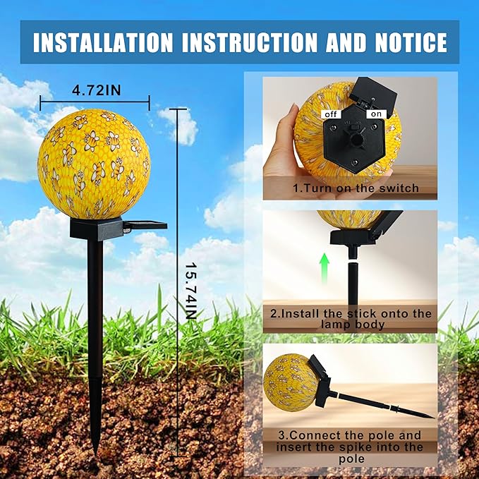 Bee Design Solar Pathway Lights Outdoor, Waterproof LED Garden Light with 7 Colors, Auto On/Off Landspace Lantern, Garden Decor for Yard, Patio, Planter, Walkway