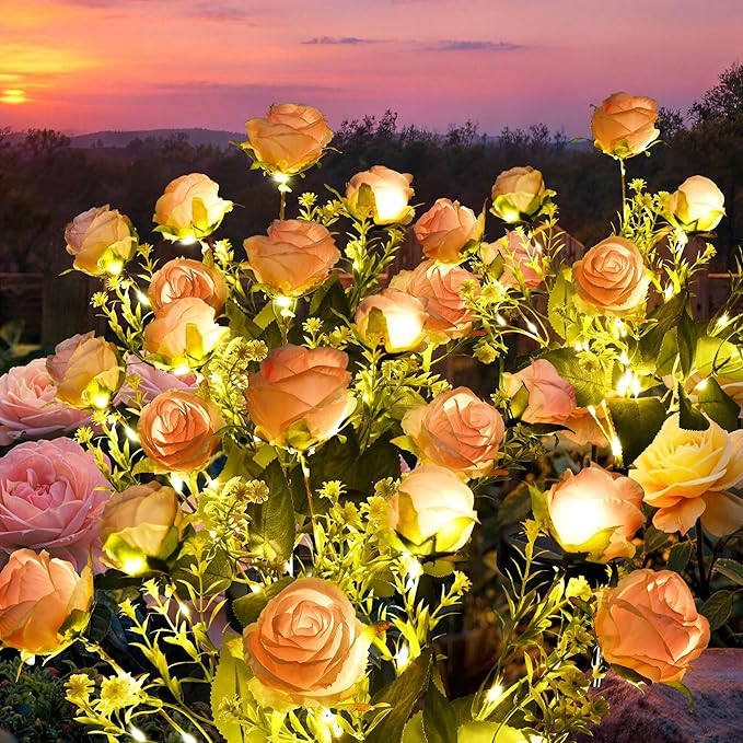 GIGALUMI Solar Lights Outdoor for Garden Decor, 4 Pack Solar Flower Lights Waterproof, 2 Lighting Modes 28 Rose Flowers for Pathway,Yard, Patio Decoration, Gardening Gifts for Women (Pink)