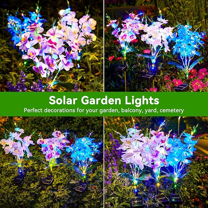 KOOPER Solar Lights Outdoor Garden, 3PCS Upgraded Phalaenopsis Solar Flower Lights Outdoor with 180 LEDs, Multi-Color Grave Decorations for Cemetery, Outdoor Solar Lights for Yard, Gifts for Women