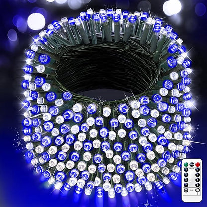 XURISEN 551FT 1400 LED Christmas Lights Outdoor Green Wire String Lights 8 Modes with Timer Memory Waterproof Fairy Light Plug in for Xmas Tree Wedding Yard Party Holiday Decorations(Blue+White)