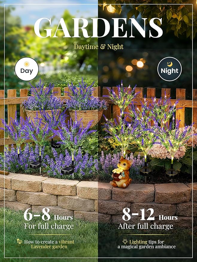 GIGALUMI Solar Garden Lights with Lavender, LED Garden Decor Carefree Solar Flowers Outdoor Waterproof, Yard Decorations Outdoor, Allergy-Free Everlasting Light up Flowers for Yard Patio (Set of 2)