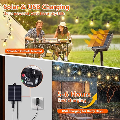 60FT Solar String Lights, Weatherproof Solar Powered Patio Lights, 3 Light Modes with Remote & USB Port, 15 LED Shatterproof Bulbs, Dimmable, Timer for Camping Backyard Cafe,Black